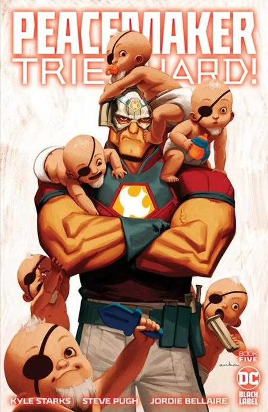 Comic book cover of Peacemaker Tries Hard #5 with superhero and doves for collectors