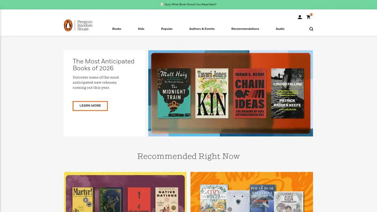 Penguin Random House homepage banner for 2026 books like The Midnight Train amid baseball cards picks