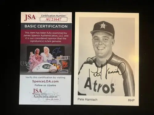 Autographed 3x5 Pete Harnisch baseball card with JSA certification for Houston Astros fans