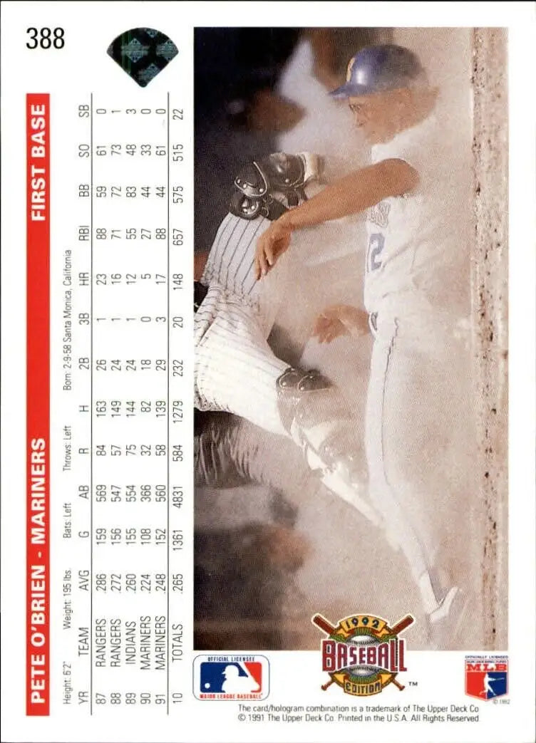 Pete O’Brien 1992 Upper Deck MLB #388 Baseball Card Seattle Mariners