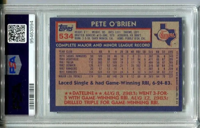 Pete O’Brien Signed 1984 Topps #534 PSA 5 DNA 9 Rookie Autograph RC AUTO Rangers - Baseball Card Single