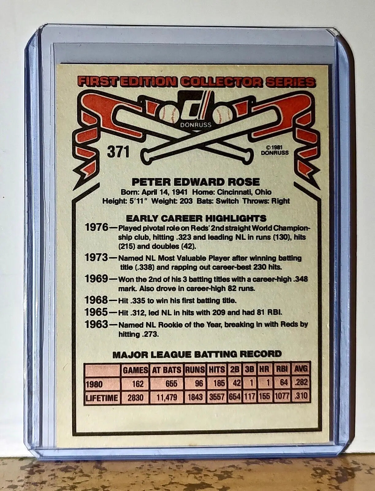 Pete Rose 1981 Donruss First Edition Collector Series MLB #371 Card Phillies