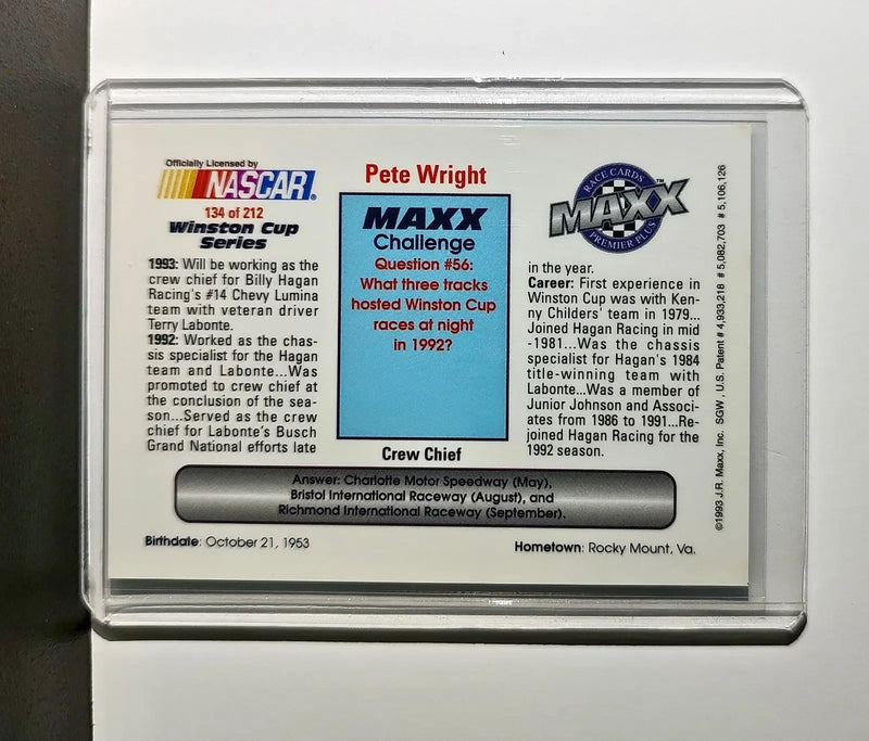 Pete Wright 1993 Maxx Premier Plus Racing #134 NASCAR Card Hagan Enterprises