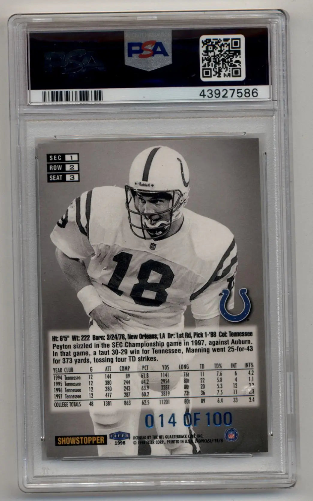 Peyton Manning 1998 Flair Showcase Legacy Collection Row 2 #3 14/100 PSA 6 Excellent Mint - Football Card Single