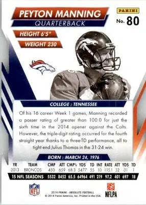 Peyton Manning - 2014 Panini Absolute - #80 - Retail Football - Football Card Single