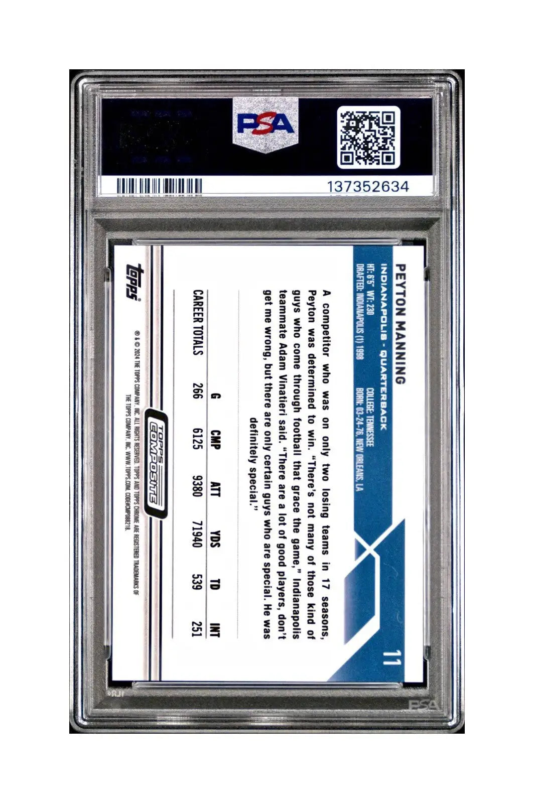 Peyton Manning 2023 Topps #11 057/199 Aqua Refractor PSA 9 Mint - Football Card Single