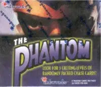 Trading card box for The Phantom featuring stylized text and shadowy figure design