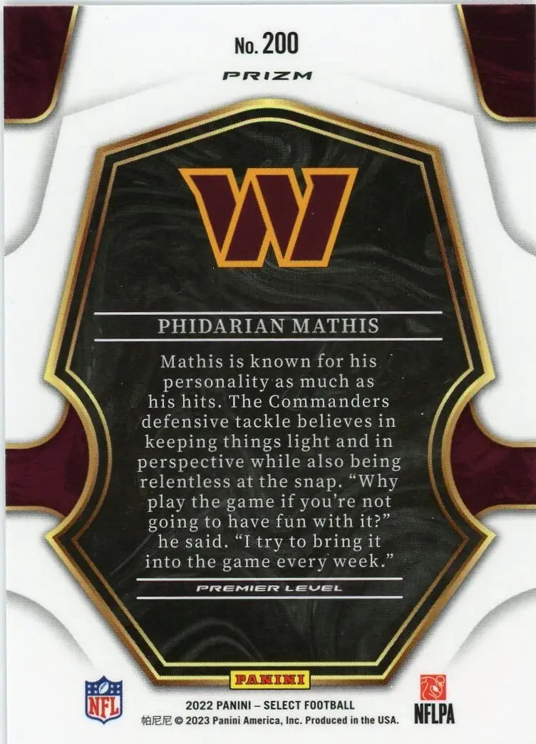 Phidarian Mathis Rookie 2022 Panini Select Premier Silver #200 Commanders Card