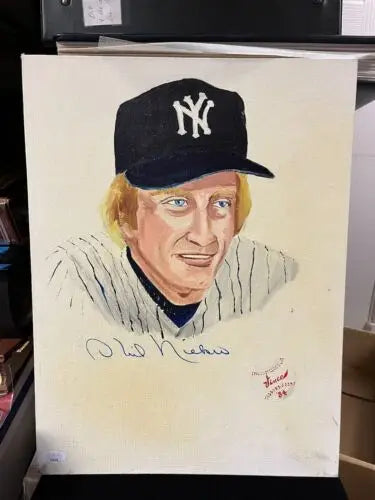 Phil Niekro NY Yankees pitcher oil painting by Vince Jarero, autographed, JSA certified