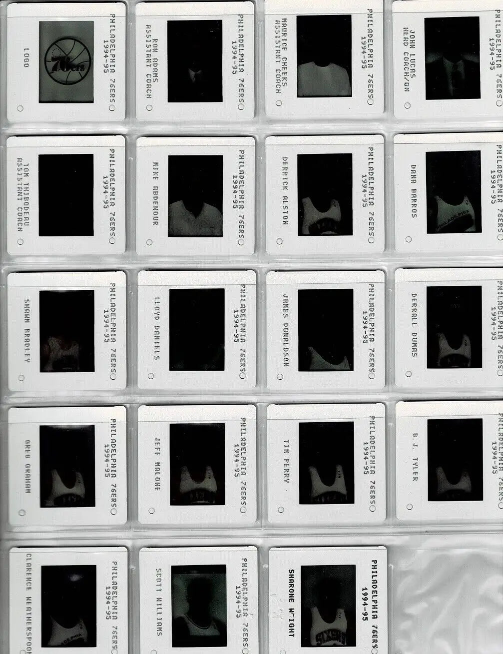 Collection of Philadelphia 76ers film slides featuring Shawn Bradley from the 1994-95 team set