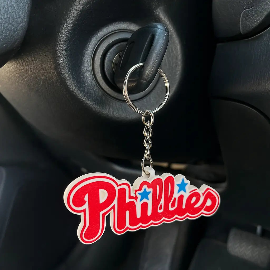 Philadelphia Phillies 3D printed logo key ring attached to a car key, perfect baseball fan gift