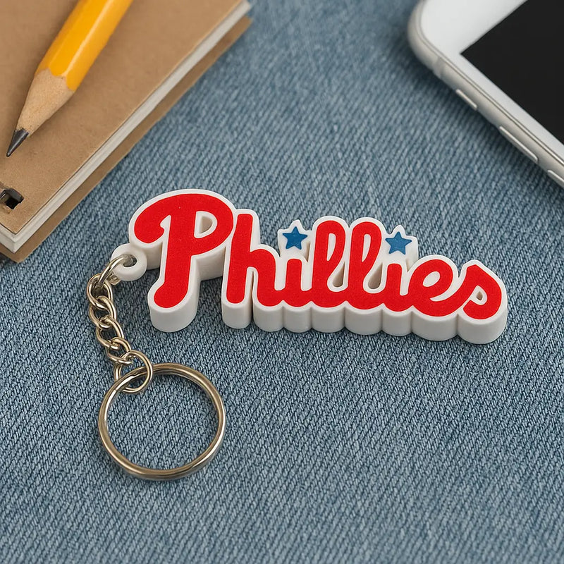 Red and white Phillies key ring with blue stars, MLB baseball fan gift keychain