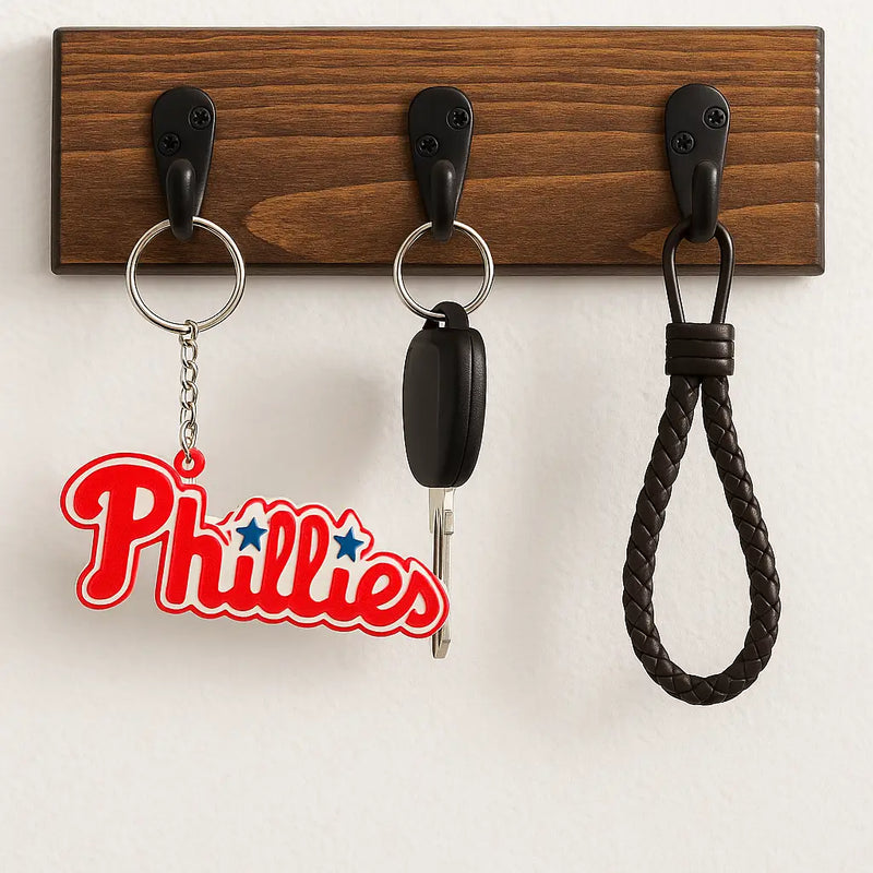 Wooden key holder with three black hooks for Philadelphia Phillies metal key ring display