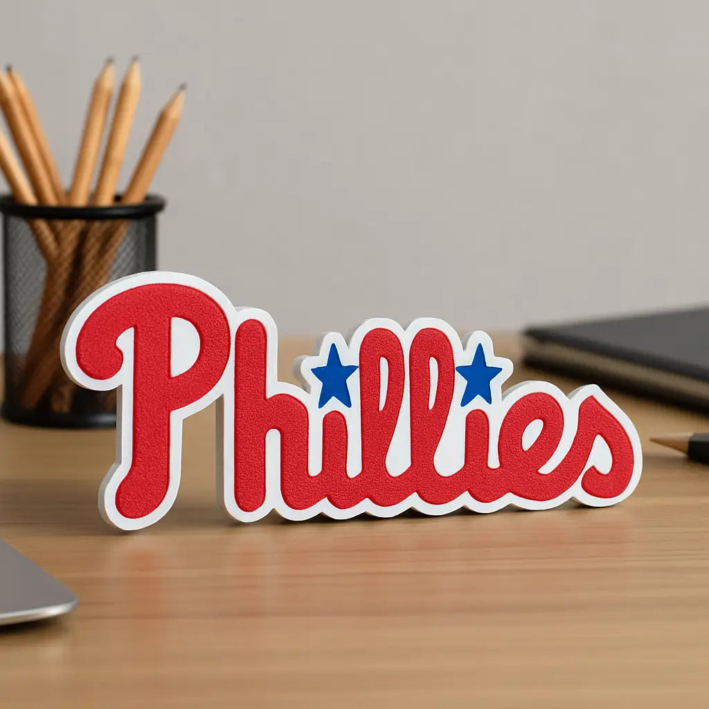 Red and white Phillies logo desk sign with blue stars for Philadelphia Phillies man cave decor