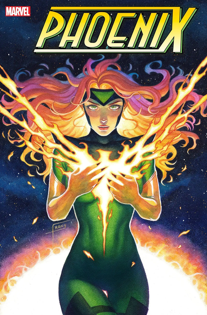 Cosmic figure in green suit, fiery energy, and orange hair for Phoenix #7 trading card