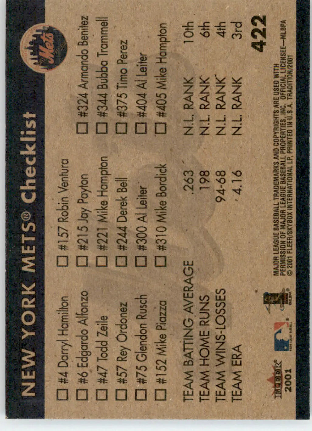 Piazza / Leiter / Hampton / Benitez - 2001 Fleer Tradition - #422 - Baseball