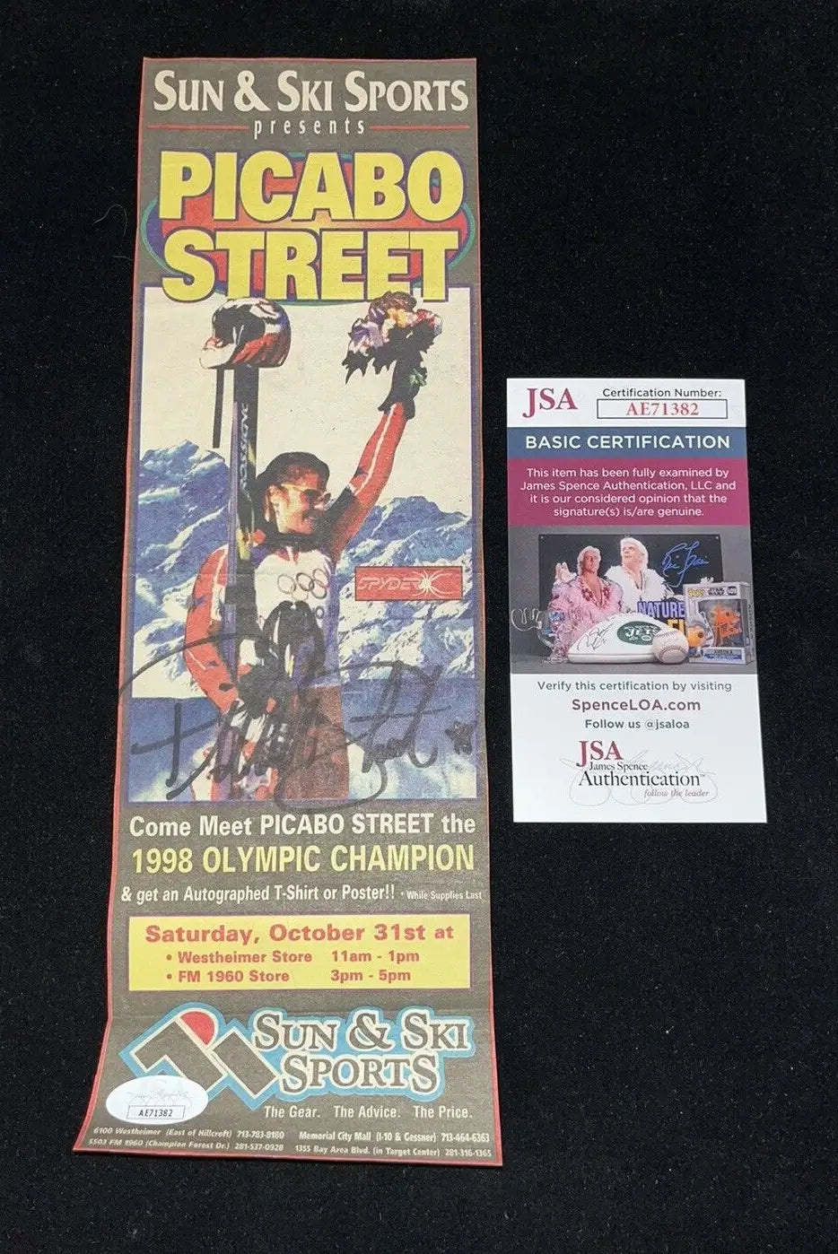 Picabo Street signed promotional poster for SUN & SKI Olympic Gold Medal advertisement
