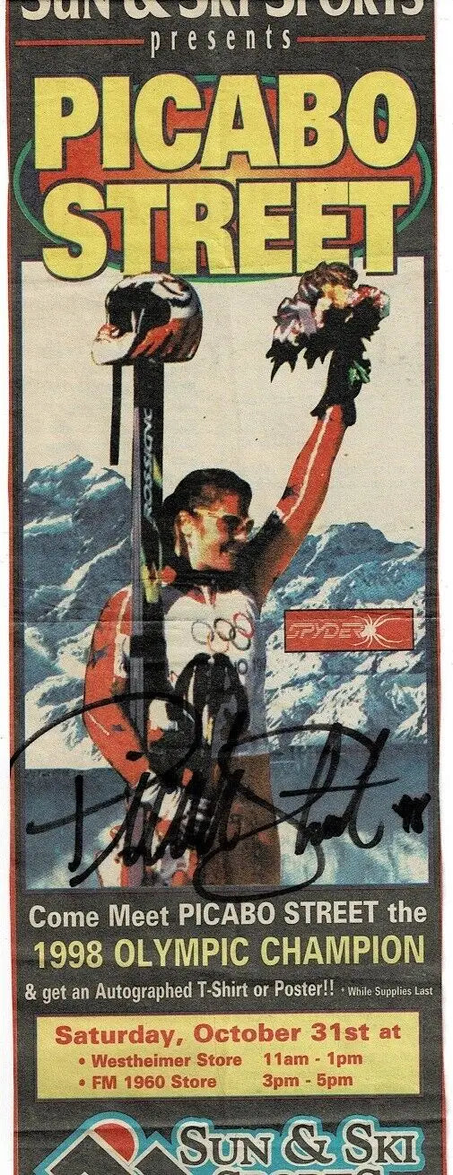 Picabo Street Signed SUN & SKI Newspaper Ad featuring Olympic Gold Medal celebration
