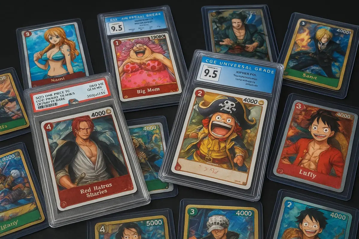Vibrant One Piece TCG collection of encased character artwork for 2025 collectors