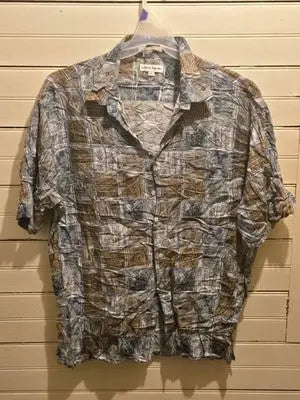 Pierre Cardin Shirt Mens XL Rayon Short Sleeve Camp Casual Button Up Blue Brown - Apparel