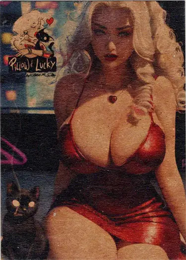 Blonde woman in red outfit featured on Pillow & Lucky 5finity promo card for trading cards