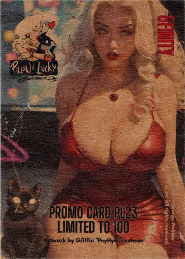 Blonde woman with red lipstick in low-cut red top on Pillow & Lucky 5finity promo card