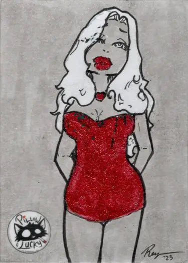 Stylized sketch of a woman in a red bodysuit for April Reyna sketch card