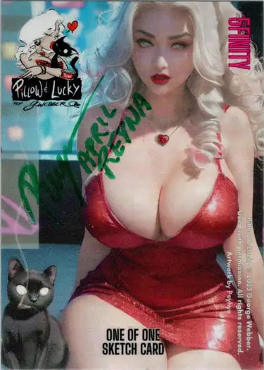 Woman with platinum blonde hair in a red top featured on April Reyna sketch card