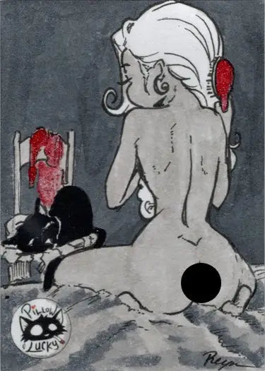 Nude female figure with red flower in hair featured on April Reyna Sketch Card