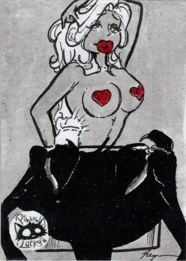 Stylized drawing of a woman with heart-shaped nipples on April Reyna Sketch Card