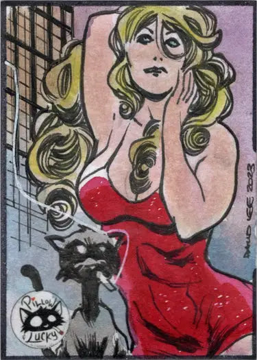 Stylized illustration of a blonde woman in a red dress with a dog for David Lee sketch card