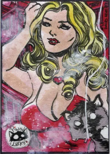 Stylized portrait of a blonde woman in red with a black cat on David Lee sketch card