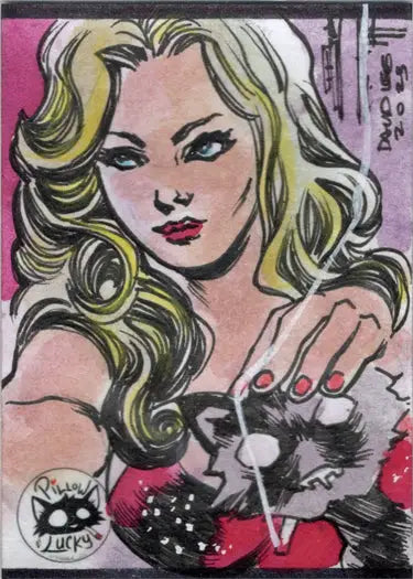 Stylized portrait of a blonde woman with raccoon on Pillow & Lucky 5finity sketch card