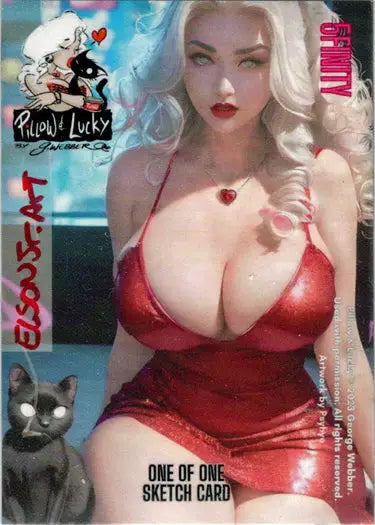 Platinum blonde woman in red outfit featured on Pillow & Lucky 5finity 2023 sketch card