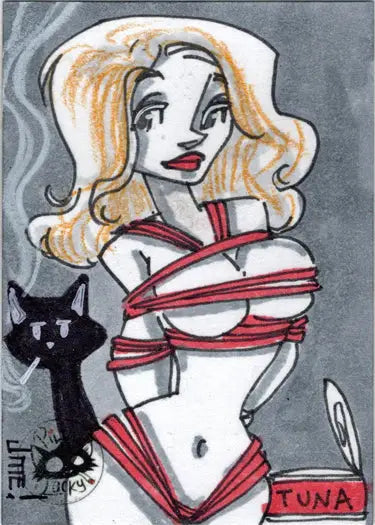 Stylized cartoon blonde woman in red outfit with cat on Pillow & Lucky 5finity sketch card