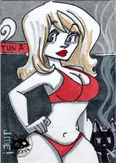 Cartoon-style sketch card of a voluptuous woman in a red bikini by Jme Foronda