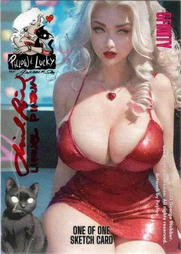 Blonde woman in red outfit promoting Limuel Pinzon Sketch Card 5finity trading cards