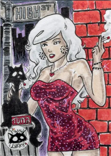 Stylized illustration of a woman with white hair in a red dress on Limuel Pinzon sketch card