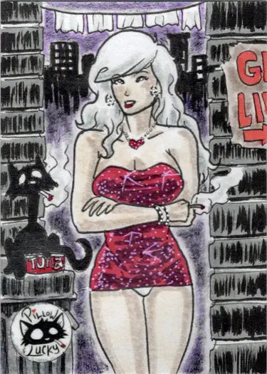 Stylized illustration of a woman in red dress from Limuel Pinzon sketch card trading cards