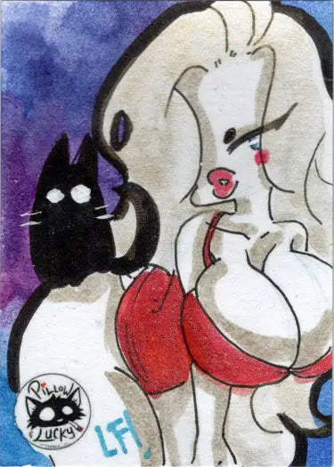 Stylized cartoon of a white dog in red underwear with a black cat for Lucy Fidelis sketch card