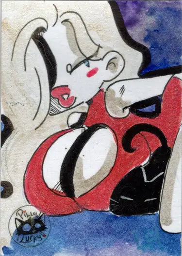 Dynamic cartoon character with white hair in red outfit from Lucy Fidelis Sketch Card