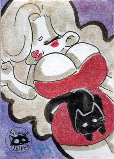 Cartoon sketch card of a white dog in a red scarf with a peeking black cat by Lucy Fidelis