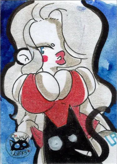 Cartoon sketch card of Lucy Fidelis with white hair, red top, and a black cat