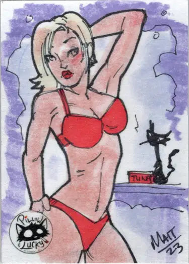 Cartoon illustration of a woman in a red bikini for Paul Maitland Sketch Card 2023