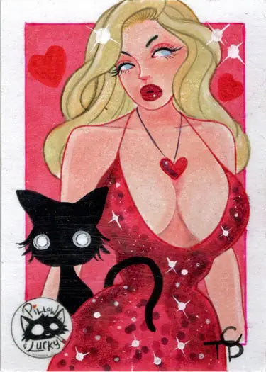 Stylized cartoon of a blonde woman in red dress with black cat from Thais Campos sketch card