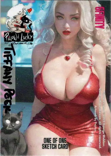 Platinum blonde woman in red outfit featured on Tiffany Peek sketch card trading cards