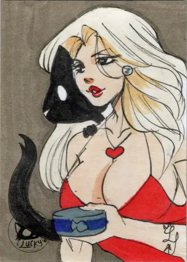 Stylized cartoon woman with long white hair and black cat on Tiffany Peek sketch card