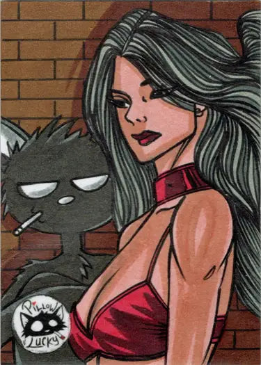 Stylized illustration of a woman and grumpy cat on Ulisses Gabriel trading card