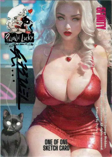Blonde woman in red outfit and lipstick featured on Pillow & Lucky 5finity sketch card