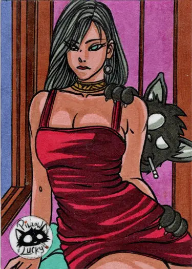 Stylized illustration of a woman in a red dress with wolf creature for Ulisses Gabriel sketch card